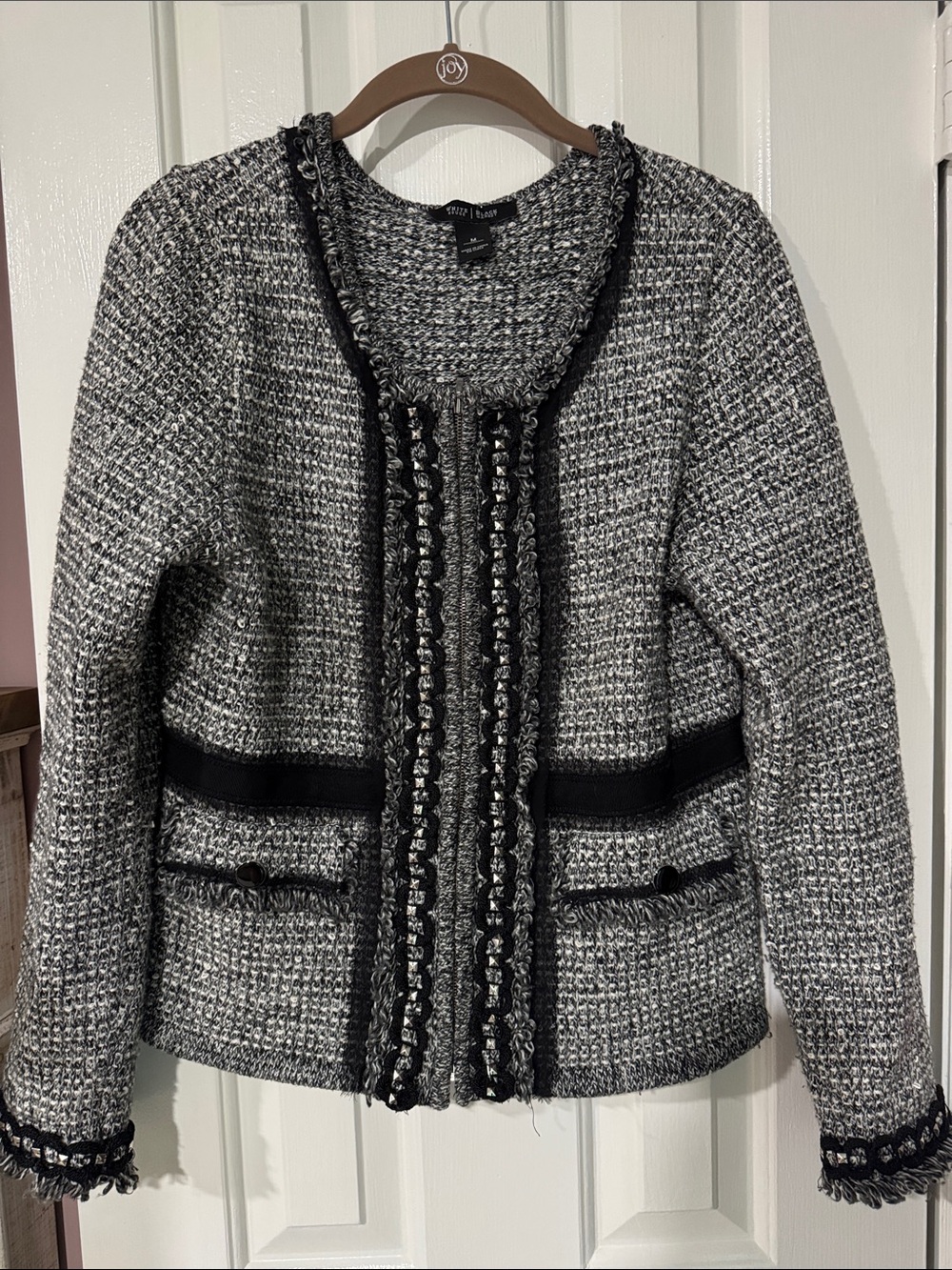White House Black Market Gray & Black Tweed Fringe-Trim Open Jacket